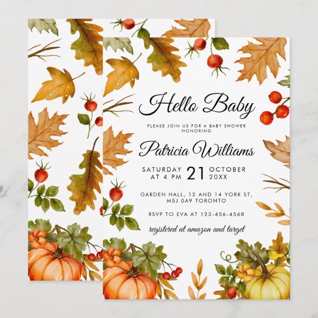 Invitation Bonjour Bébé Citrouille Foliage Baby shower d'auto (Devant / Derrière)