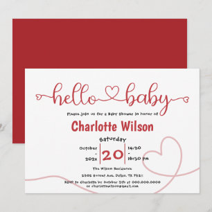 Invitation Bonjour Bébé Cœur Rouge Minimal Baby Shower