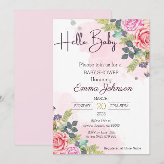 Invitation Bonjour Bébé Fleurs Aquarelle Baby Shower