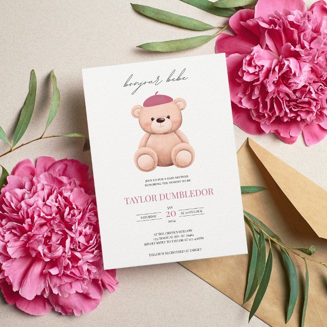 Invitation Bonjour Bebe Français Aquarelle Ours Baby shower E (Créateur téléchargé)