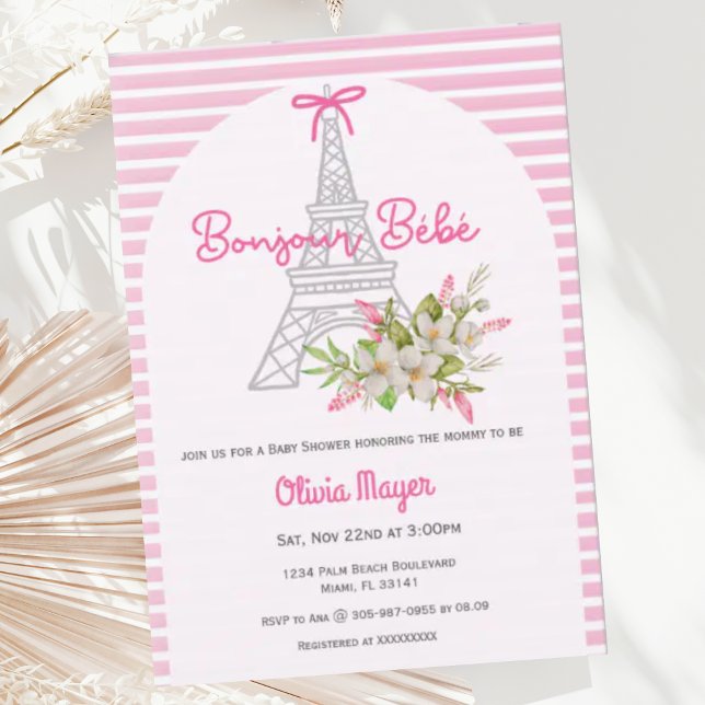 Invitation Bonjour Bebe French Paris Baby shower fille rose (Créateur téléchargé)