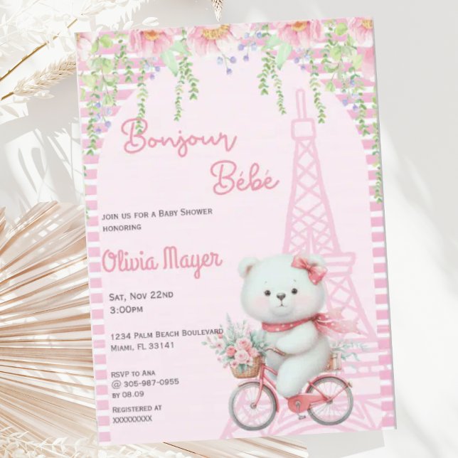 Invitation Bonjour Bebe French Paris Baby shower Ours Rose (Créateur téléchargé)