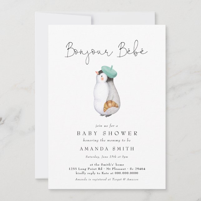 Invitation Bonjour Bebe French Penguin Baby shower neutre (Devant)