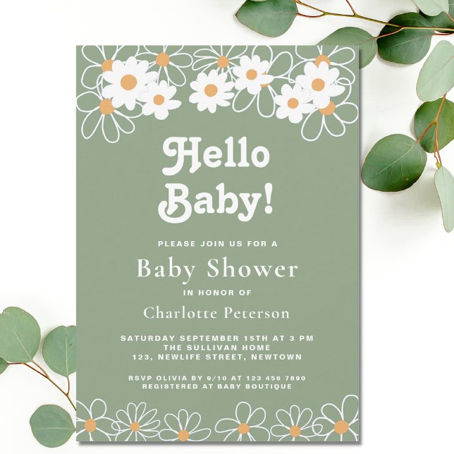 Invitation Bonjour Bébé Genre Neutre Baby shower Vert marguer (Créateur téléchargé)