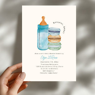 Invitation Bonjour Bébé Macarons & Lait Bleu Baby Shower