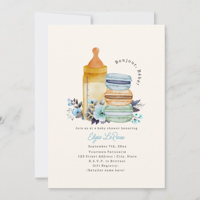 Invitation Bonjour Bébé Macarons Milk Floral Blue Baby Shower (Devant)