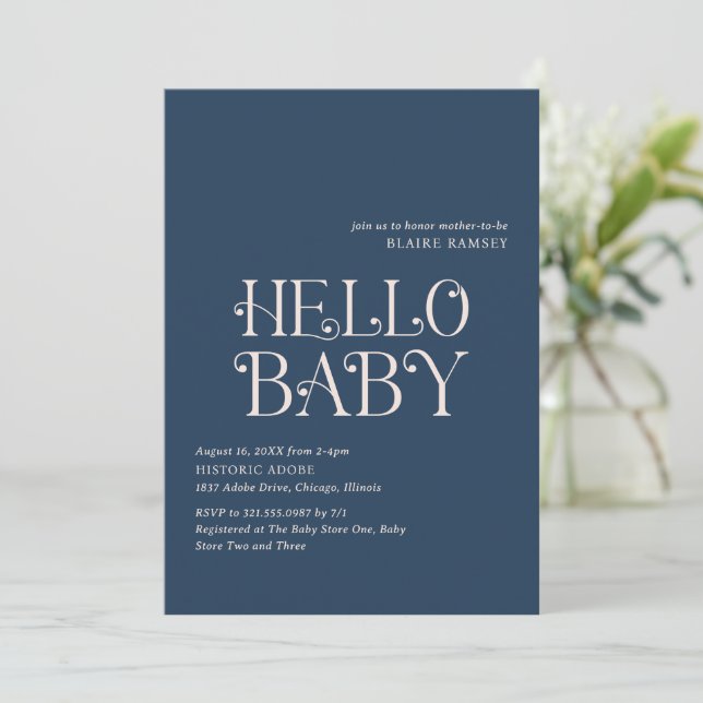 Invitation Bonjour Bébé Marine Bleu Baby shower moderne (Debout devant)