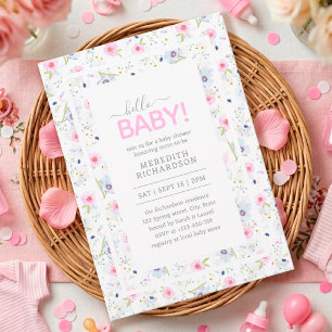 Invitation Bonjour Bébé mignon Floral Rose Bleu Baby shower f