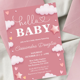 Invitation Bonjour bébé nuages roses Baby shower moderne