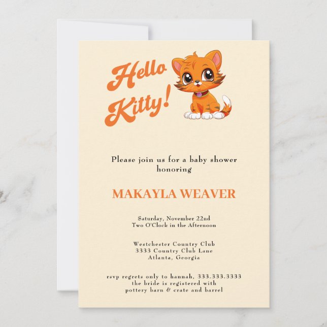 Invitation Bonjour bébé Orange Script Baby shower chat (Devant)