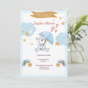Invitation Bonjour Bébé   Ours en Peluche Bleu Baby Shower