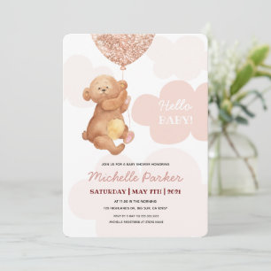 Invitation Bonjour bébé ours en peluche nuages roses Baby Sho