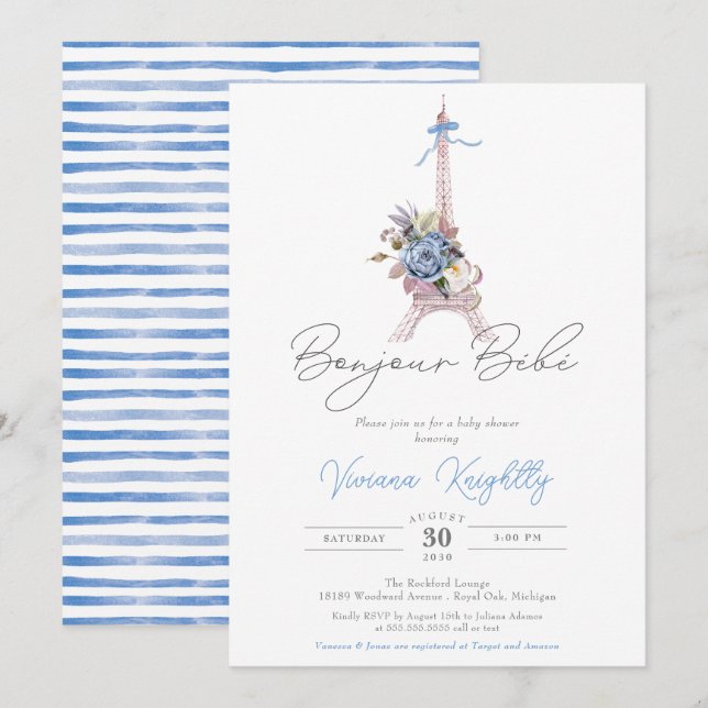 Invitation Bonjour Bebe Paris Baby shower Bleu Bleu Français (Devant / Derrière)
