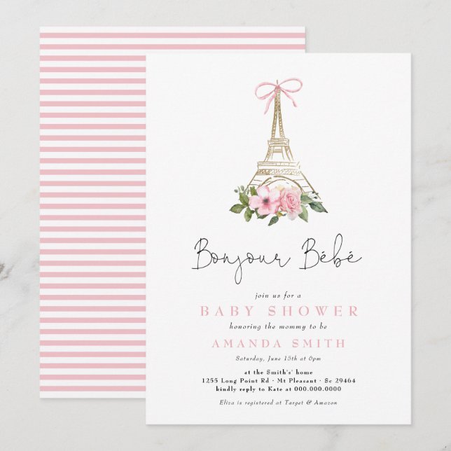 Invitation Bonjour Bebe Paris Baby shower Eiffel rose françai (Devant / Derrière)
