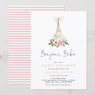 Invitation Bonjour Bebe Paris Baby shower Eiffel rose françai