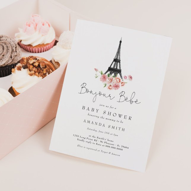 Invitation Bonjour Bebe Paris Baby shower Floral rose françai (Créateur téléchargé)