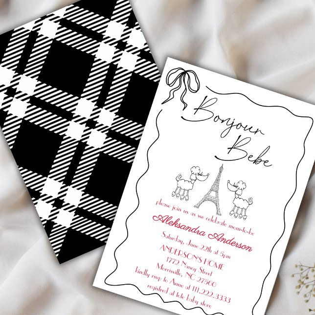 Invitation Bonjour Bebe Paris Baby shower Français Rose Noir (Créateur téléchargé)