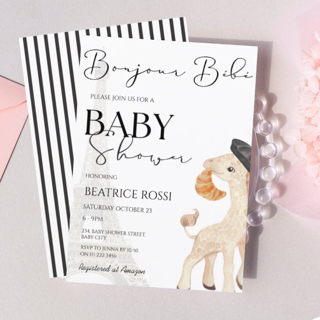 Invitation Bonjour Bebe Paris Baby shower parisien (Bonjour Bebe French Giraffe Paris Parisian France Baby Shower Invitation)
