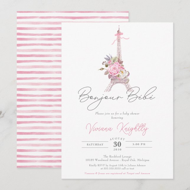 Invitation Bonjour Bebe Paris Eiffel Baby shower aux fleurs r (Devant / Derrière)