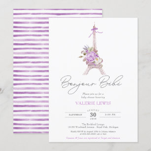 Invitation Bonjour Bebe Paris Eiffel Purple Floral Douche