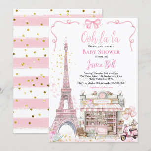 Invitation Bonjour Bebe Paris Fille Baby shower rose Eiffel