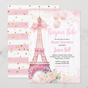 Invitation Bonjour Bebe Paris Fille Baby shower rose Eiffel