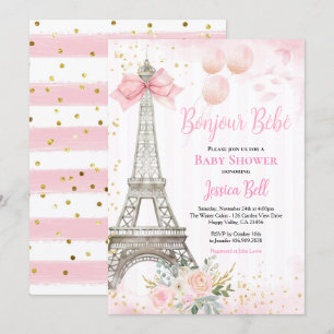 Invitation Bonjour Bebe Paris Fille Baby shower rose Eiffel