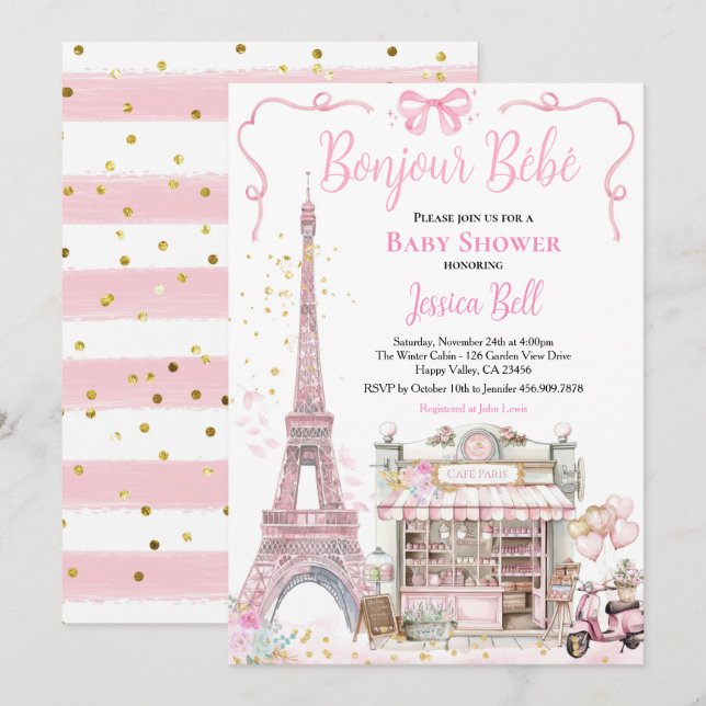Invitation Bonjour Bebe Paris Fille Baby shower rose Eiffel (Devant / Derrière)