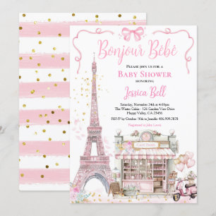 Invitation Bonjour Bebe Paris Fille Baby shower rose Eiffel