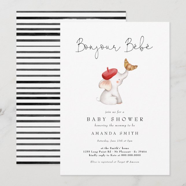 Invitation Bonjour Bebe Paris Français Elephant Baby shower R (Devant / Derrière)