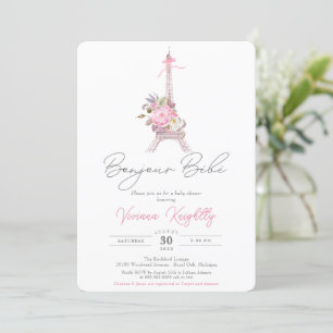 Invitation Bonjour Bebe, Pink Floral Eiffel Paris Baby shower