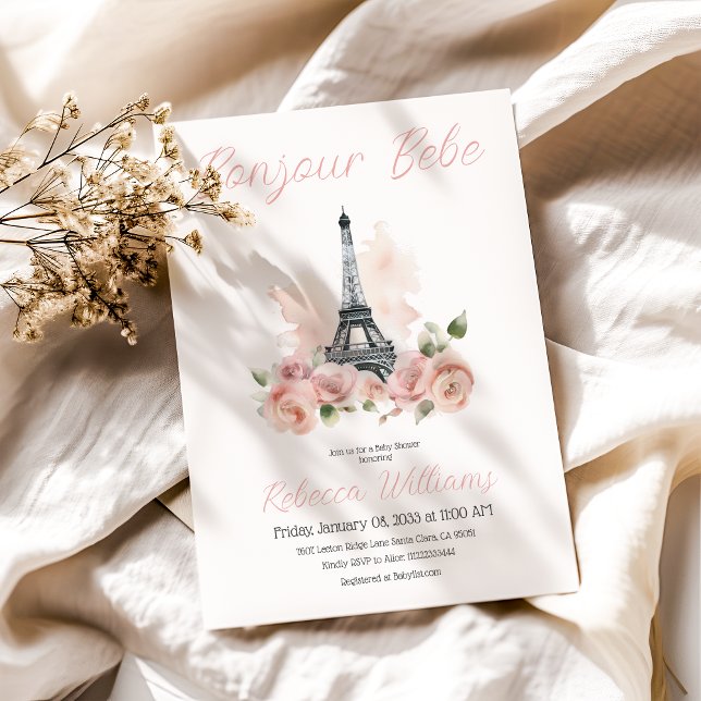 Invitation Bonjour Bebe Pink Paris Floral Girl Baby shower (Créateur téléchargé)