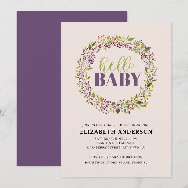 Invitation Bonjour Bébé Purple Wreath Baby shower (Devant / Derrière)
