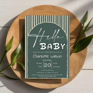 Invitation Bonjour Bébé Rayures Vert Foncé Baby Shower