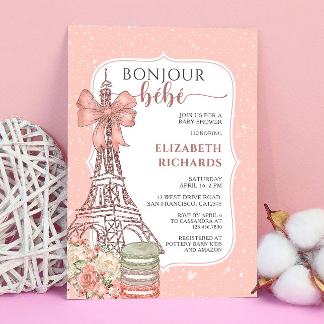 Invitation Bonjour Bebe Romantique Français Baby shower fille (Créateur téléchargé)