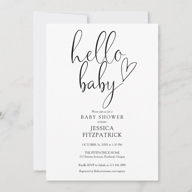 Invitation Bonjour Bébé Script Baby shower noir et blanc (Devant)