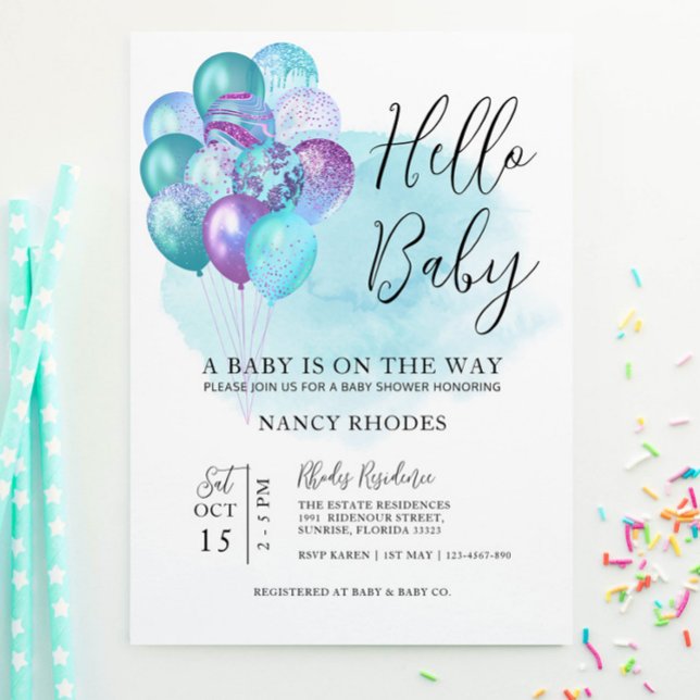 Invitation Bonjour Bébé Turquoise Baby shower pourpre (Créateur téléchargé)