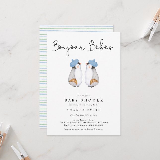 Invitation Bonjour Bebes French Penguin Twins Baby shower (Devant/Arrière en situation)