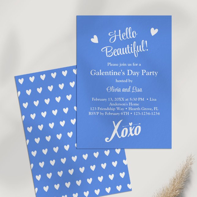 Invitation Bonjour Belle ! Fête de la Saint-Valentin Blue XOX (Hello Beautiful! Blue XOXO Galentine's Day Party Invitation on a white table.)