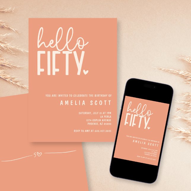 Invitation Bonjour Cinquante-50e Anniversaire Moderne Peach M (Créateur téléchargé)