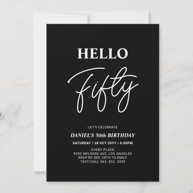 Invitation Bonjour Cinquante | Black moderne 50th Birthday Pa (Devant)