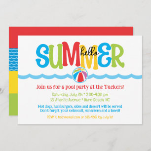 Invitation Bonjour été Colorée Beach Ball Waves Pool Party