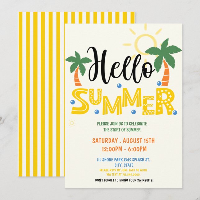 Invitation Bonjour fête d'été, Dernière journée de l'école, f (Devant / Derrière)