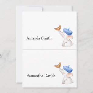 Invitation Bonjour Français En vichy Blue Baby shower Place C