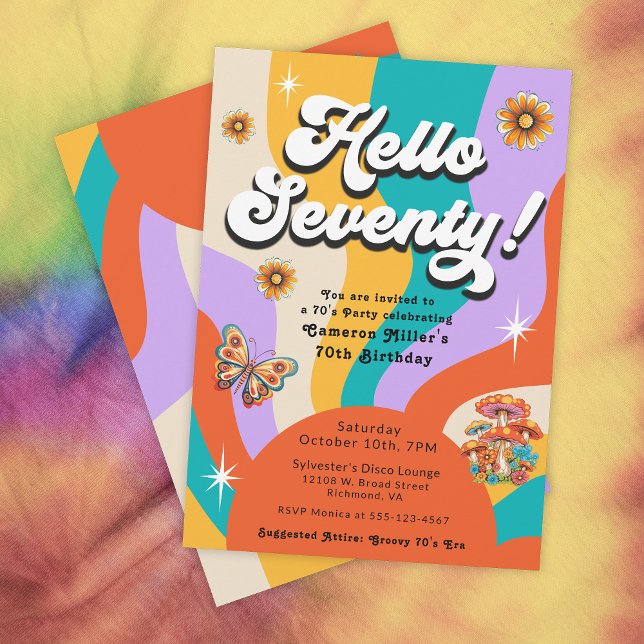 Invitation Bonjour Soixante-dix Super fête d'anniversaire des (Celebrate a 70th Birthday with a Groovy Seventies Party!)