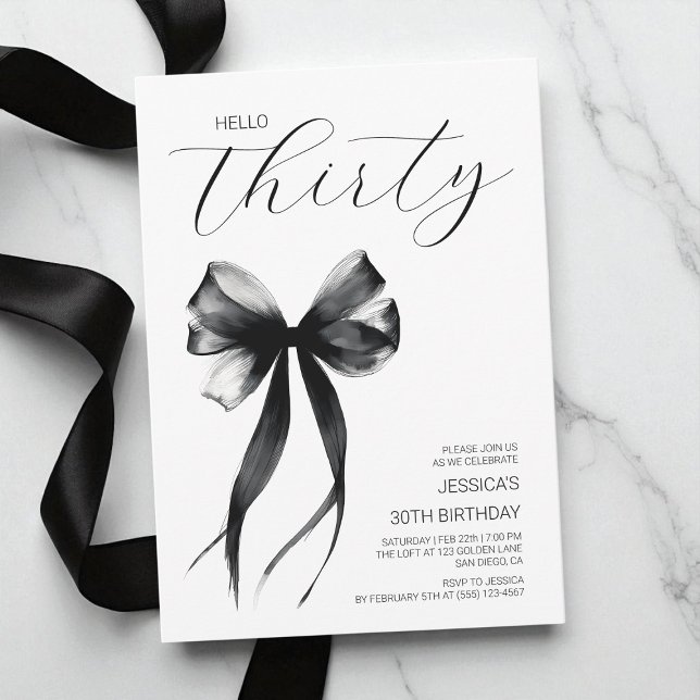 Invitation Bonjour Trente Bow noir et blanc 30e anniversaire (Hello Thirty Black and White Bow 30th Birthday Invitation)