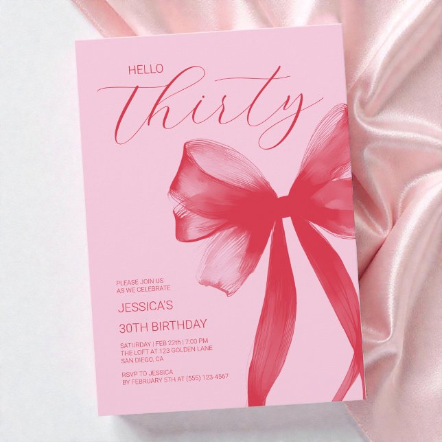 Invitation Bonjour Trente Elegant Pink Bow 30e fête d'anniver (Hello Thirty Elegant Pink Bow 30th Birthday Party Invitation)