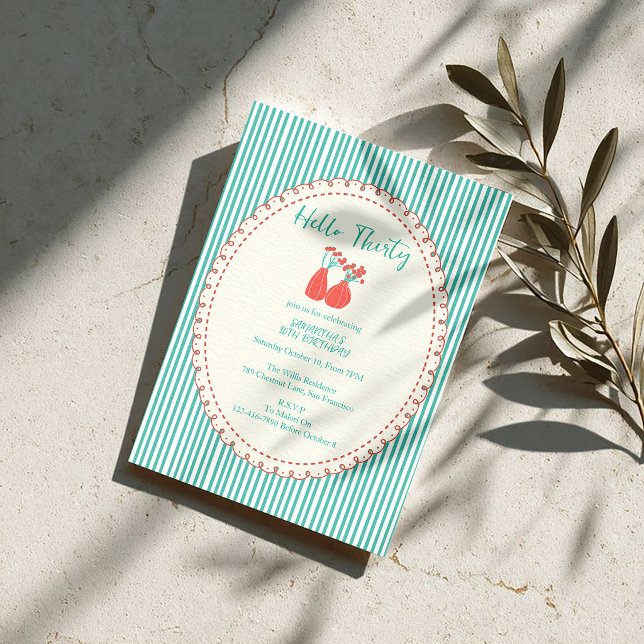 Invitation Bonjour Trente Rayures Florales Vintage 30e Annive (Créateur téléchargé)