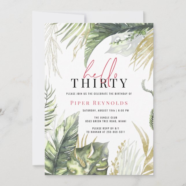 Invitation Bonjour trente | Script rose moderne Tropical 30e (Devant)