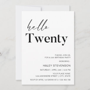 Invitation Bonjour Vingt Moderne Minimaliste Blanc 20e Annive